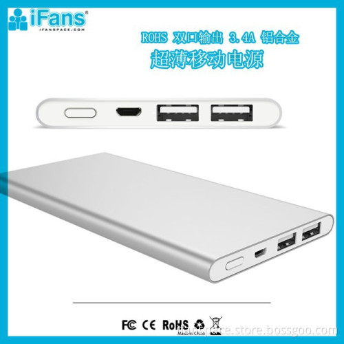 OEM 6000mAh Aluminum Thin Dual USB Backup Power Bank 3.4A output ROHS